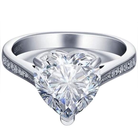 4 Carat Diamond Sterling Silver Heart Solitaire Ring Size 5 - Picture 7 of 10